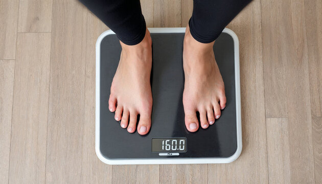 Weight measurement on a digital scale showing 160 pounds in a stylish indoor setting