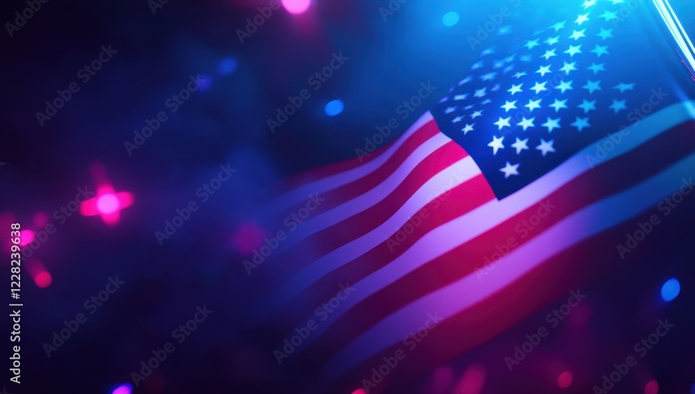 Poster 3d rendering of the american flag on an abstract background with neon lights and smoke generative ai