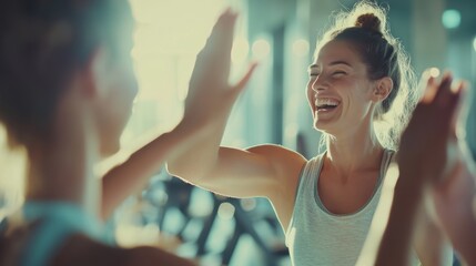Friends meet and give high five in gym.