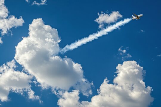 Airplane flies through a clear blue sky with white clouds leaving behind a vapor trail at midday. Generative AI