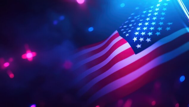 3D rendering of the American flag on an abstract background with neon lights and smoke Generative AI