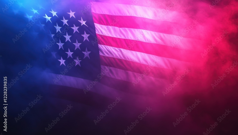 Poster a background of an american flag with neon lights, glowing in pink and blue hues, creating an atmosp
