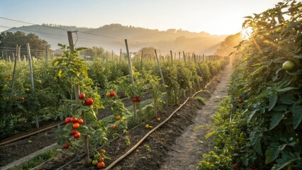 Morning sunlight casting a warm glow over a garden bed with rows of vines and ripe tomatoes, warmth, morning, natural light