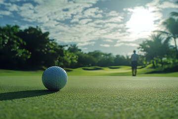 Fototapeta premium A close-up of a golf ball on a lush green course with a golfer walking in the background under a bright sky, capturing the essence of precision, focus, and the serene atmosphere of the sport. 