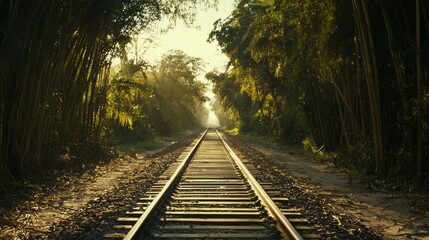 Fototapeta premium Quiet railroad tracks stretch through a lush tropical forest at golden hour under a warm sun