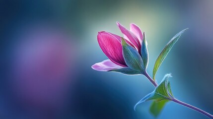 Naklejka premium A Single Pink Flower Bud Blooms Softly