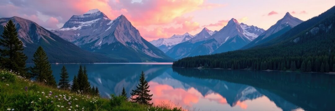 Mountain peaks and lake at dawn in whitefish montana, trees, mountains