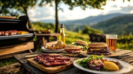 A scenic outdoor barbecue with burgers and grilled meat