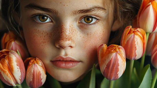Young girl with freckled face surrounded by vibrant tulip blooms in natural light