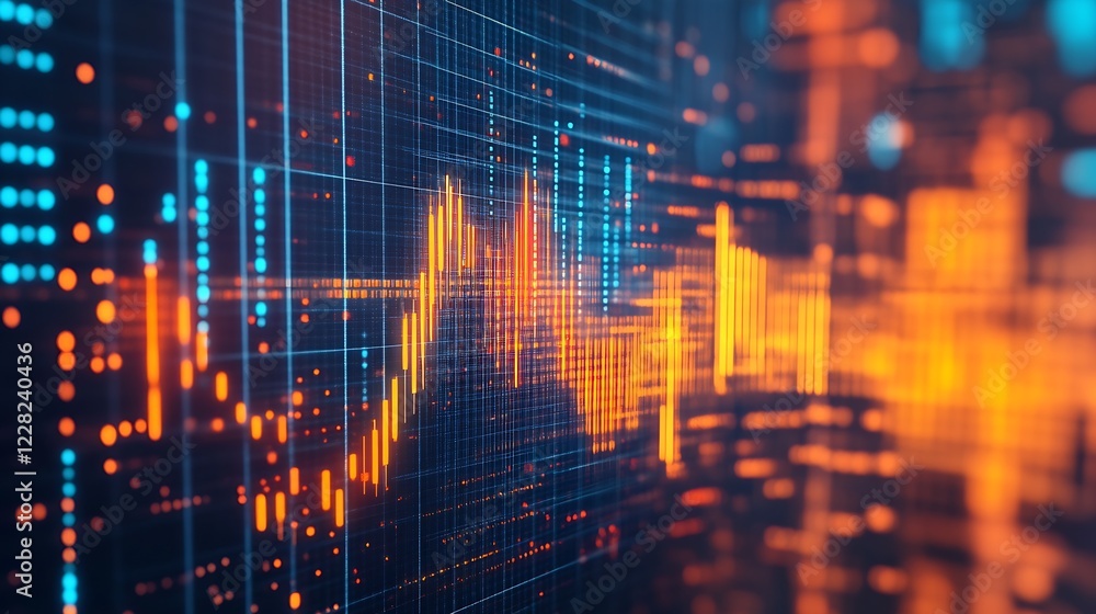 Poster Electronic Digital Sound Wave Representation in Modern Tech Style with Blue and Orange Hues : Generative AI