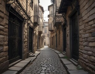 Obraz premium Narrow alleyway lined with worn stone walls and ornate ironwork , narrow alleys, rusty gates