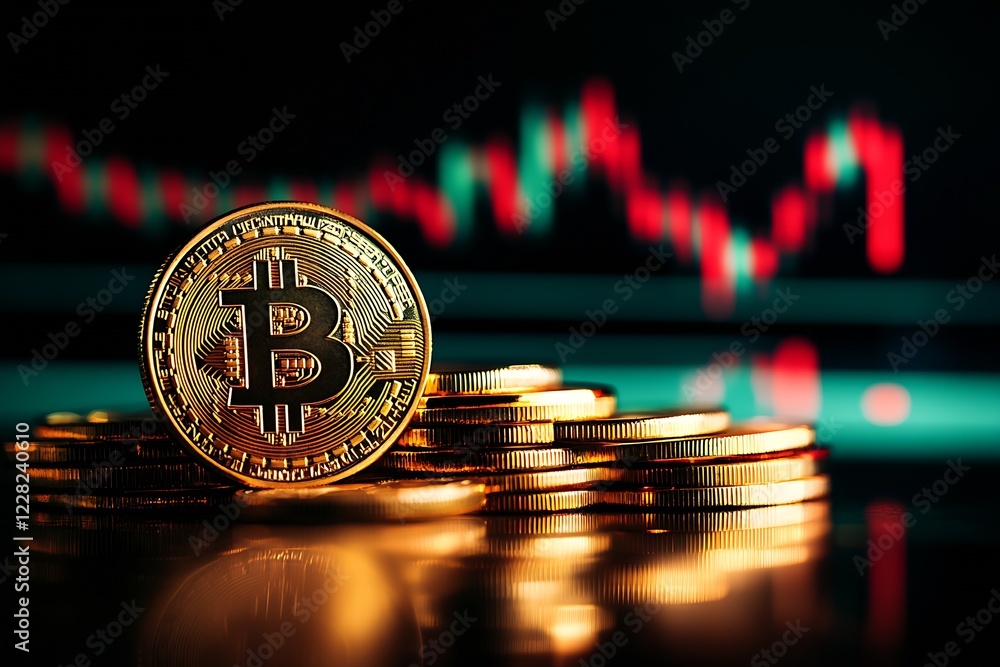 Poster golden bitcoin coins with market chart background depicting cryptocurrency investment : generative a