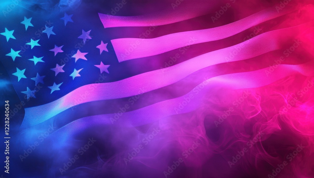 Poster 3d rendering of the american flag on an abstract background with neon lights and smoke, creating a d