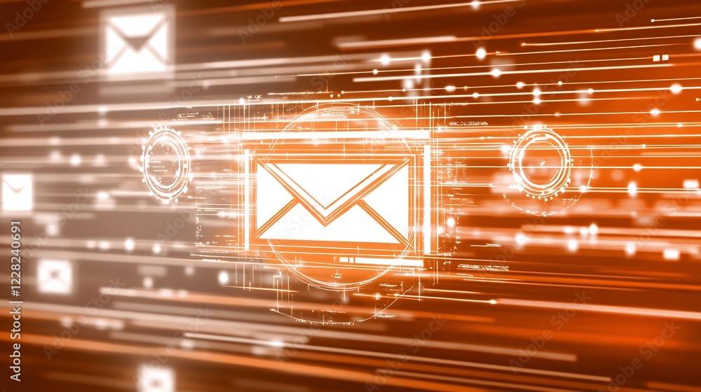 Poster futuristic email symbols in motion on amber-toned digital background : generative ai