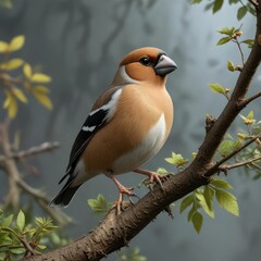 Naklejka premium Hawfinch perched on a thin branch with small twigs and leaves surrounding it, forest, tree
