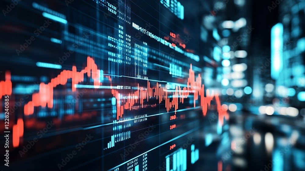 Poster digital financial market interface with red and blue graphs in futuristic city : generative ai