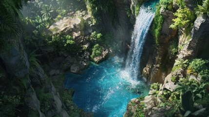 Lush jungle waterfall cascades into turquoise pool