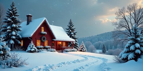 Naklejka premium Vintage-inspired Christmas scene in a snowy landscape with a cottage, cottage, snow, serene