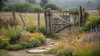 Fototapeta premium Old weathered wooden gate surrounded by a colorful mix of wildflowers and herbs in a circular pattern, herb garden, flower fields, rustic, wooden frame