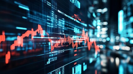 Digital Financial Market Interface with Red and Blue Graphs in Futuristic City : Generative AI