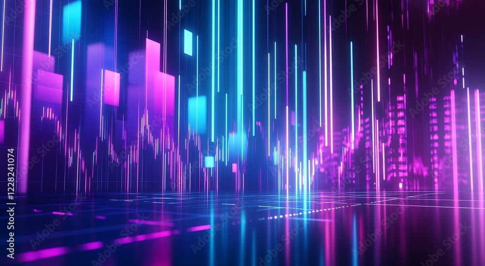 Poster vibrant digital stock market chart with glowing neon bars and futuristic data visualization : genera
