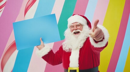 Naklejka premium Festive Santa Claus Pointing at a Blank Blue Banner - Perfect for Holiday Promotions, Advertising, and Fun Christmas-Themed Designs