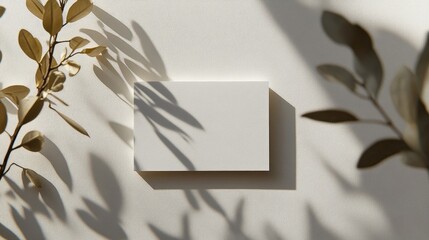 Blank card mockup, sunlight shadows, botanicals, minimalist background, branding design