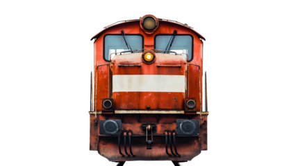 Vintage Orange Locomotive Front View on Railway Track Showcasing Heavy Machinery and Transportation Power