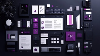 Flatlay Branding Mockup Purple & Black Stationery, Digital Designs, Dark Desk