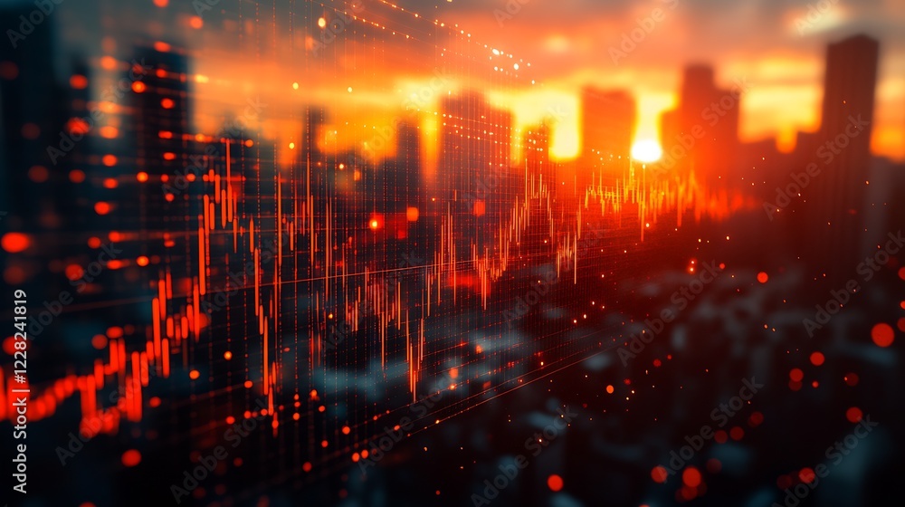 Poster digital financial data graph overlayed on city skyline at sunset : generative ai