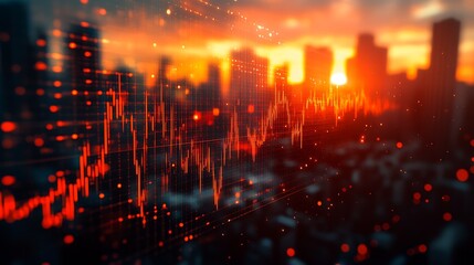 Digital Financial Data Graph Overlayed on City Skyline at Sunset : Generative AI
