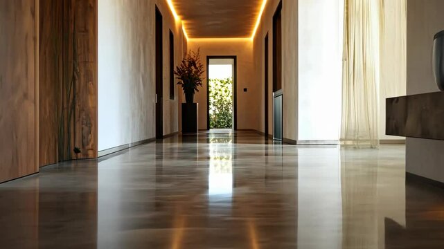 Modern hallway walkthrough with polished floors and subtle lighting
