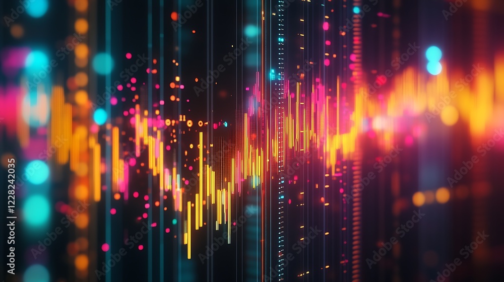 Poster Abstract neon soundwave pattern with vibrant colors and glowing particles : Generative AI