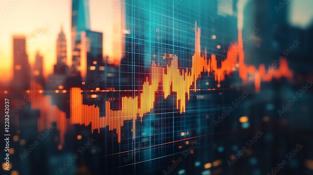 Leinwandbilder Dynamic Stock Market Graph with Data Analytics in a Modern Urban Cityscape Background : Generative AI