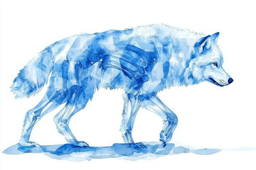 Blue Watercolor Wolf: Skeletal Anatomy Overlay.