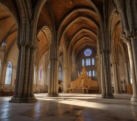 Fototapeta premium Int?rieur de la basilique d'Ars avec son ?norme chapiteau en pierre, cath?drale, int?rieur, architecture gothique