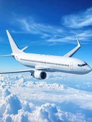 Obraz premium Airplane cruising above fluffy white clouds during a bright sunny day in the open sky. Generative AI