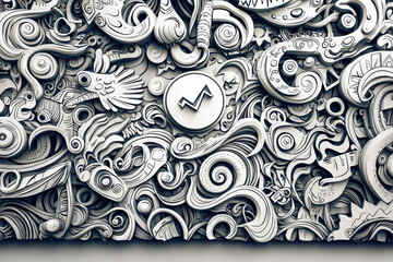 Intricate grayscale relief carving; swirling, organic forms; central emblem.