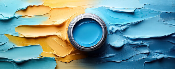 Blue and yellow paint can sits on a canvas with blue and yellow paint splatters. The blue paint can is the focal point of the image, drawing attention to its color and shape