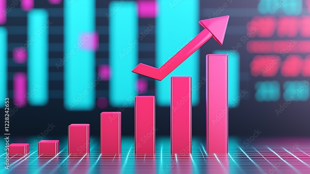 Poster business growth with rising bar graph and pink arrow on financial digital background : generative ai