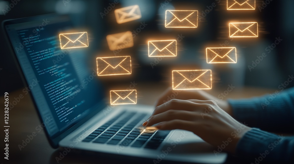 Poster person typing on laptop with animated email icons for communication concept : generative ai