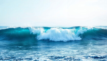 Naklejka premium Realistic ocean landscape with giant wave breaking for surfing and sky with clouds on an overcast day