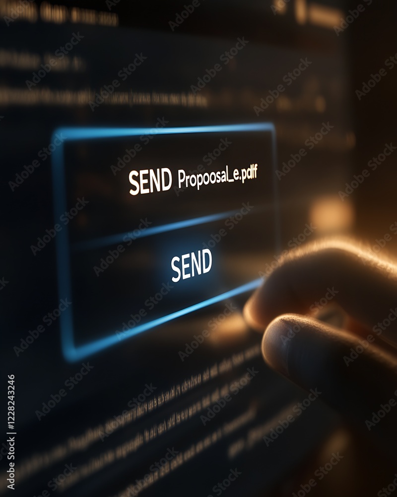Poster Finger touching glowing digital send button on screen with document title : Generative AI