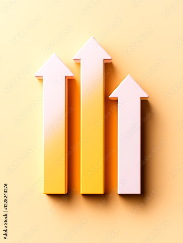 Poster triple gradient arrows pointing upward on soft yellow background illustration : generative ai