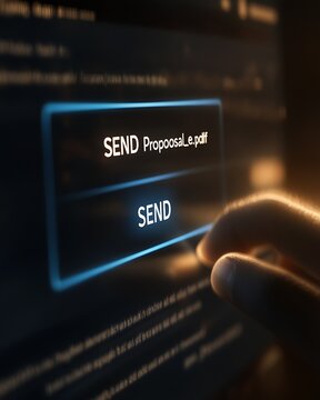 Finger touching glowing digital send button on screen with document title : Generative AI