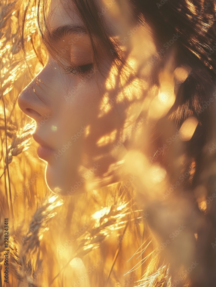 Poster rays of sunlight illuminate a serene profile amidst golden fields of wheat during golden hour. gener