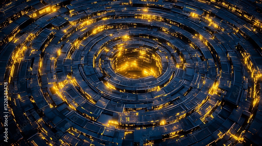 Poster Futuristic Spiral with Glowing Yellow Elements and Dark Blue Circular Pattern : Generative AI