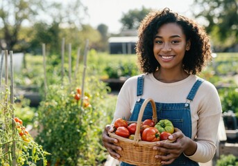 Young african female adult smiling holding basket of fresh tomatoes in a lush garden