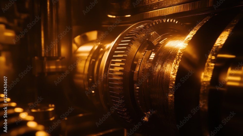Poster golden gears rotating mechanism closeup detail