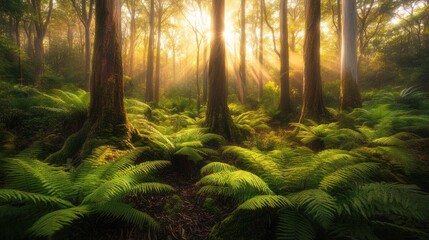 Sunlit Forest Floor Ferns And Tall Trees